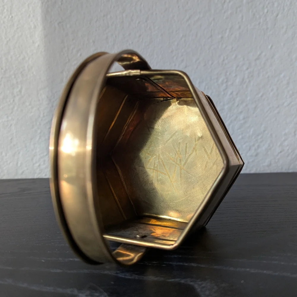 Vintage Solid Brass Small Hexagon Basket W/ Fold Down Handle 2.5'' X 4